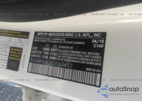 2015 Mercedes-Benz C 300 Sport/Luxury/ из США, поврежденный, VIN 55SWF4JB2FU065652